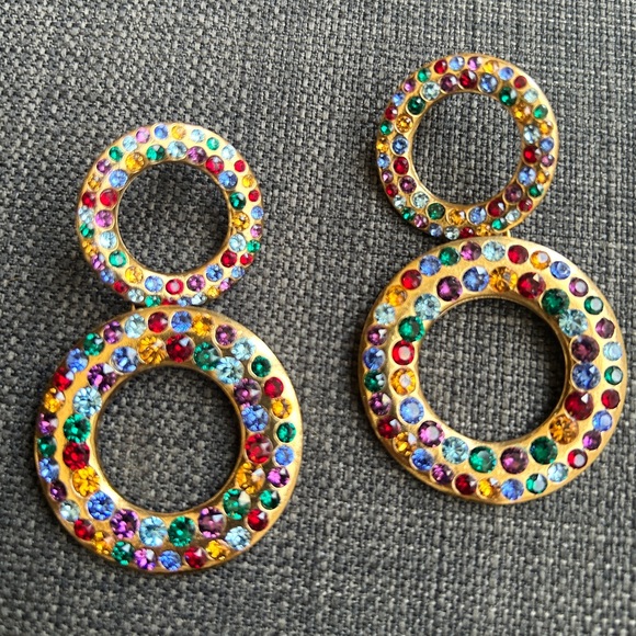 Multi Color Sparkly Rhinestone Dangle Earrings Rose Gold Tone Jewel Tones Runway - Picture 3 of 9